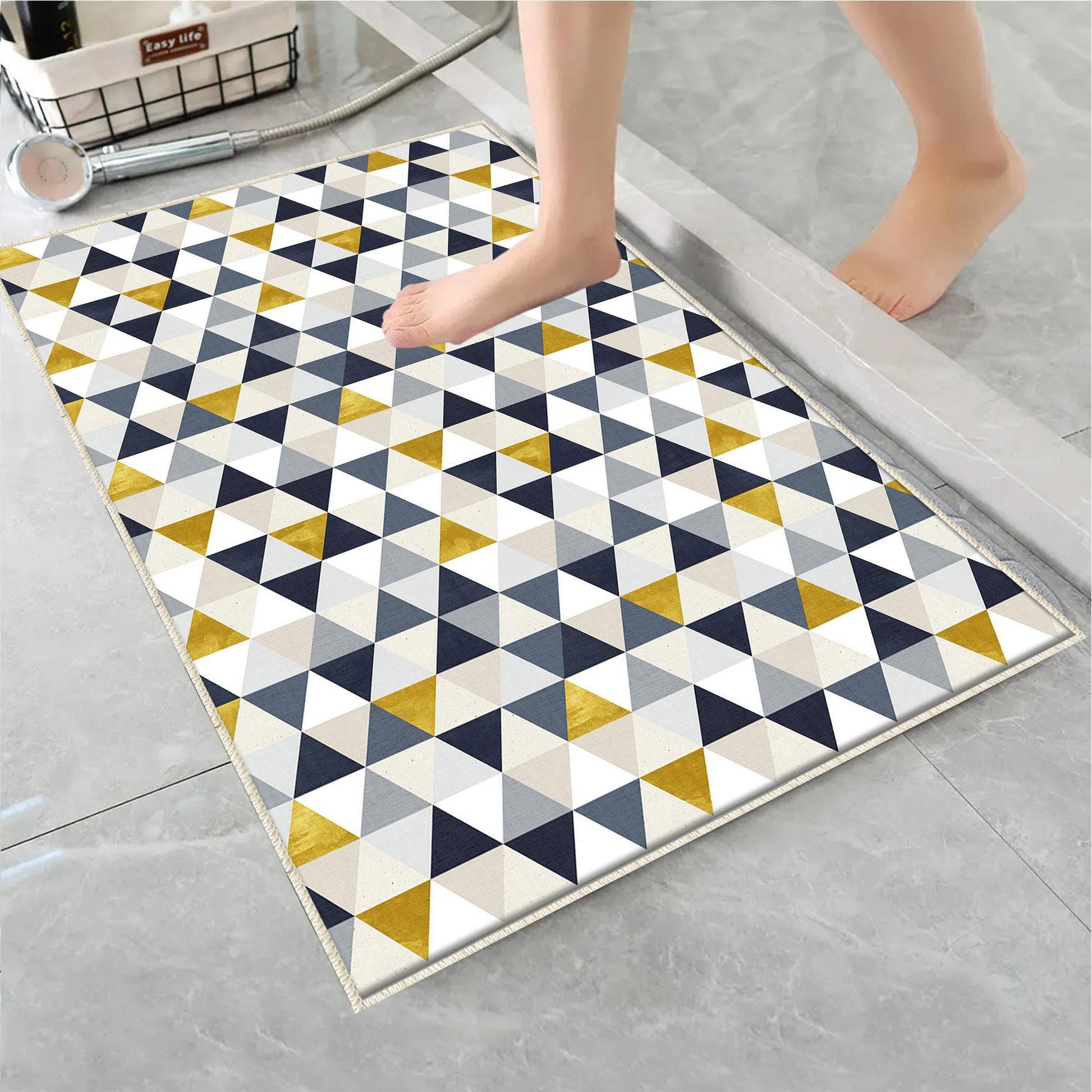 Yellow Gray Navu Blue Triangles Bathroom Rug Non Slip Quick Dry Bath Mat - Geometric Toilet Mat, Soft Washable Modern Decor