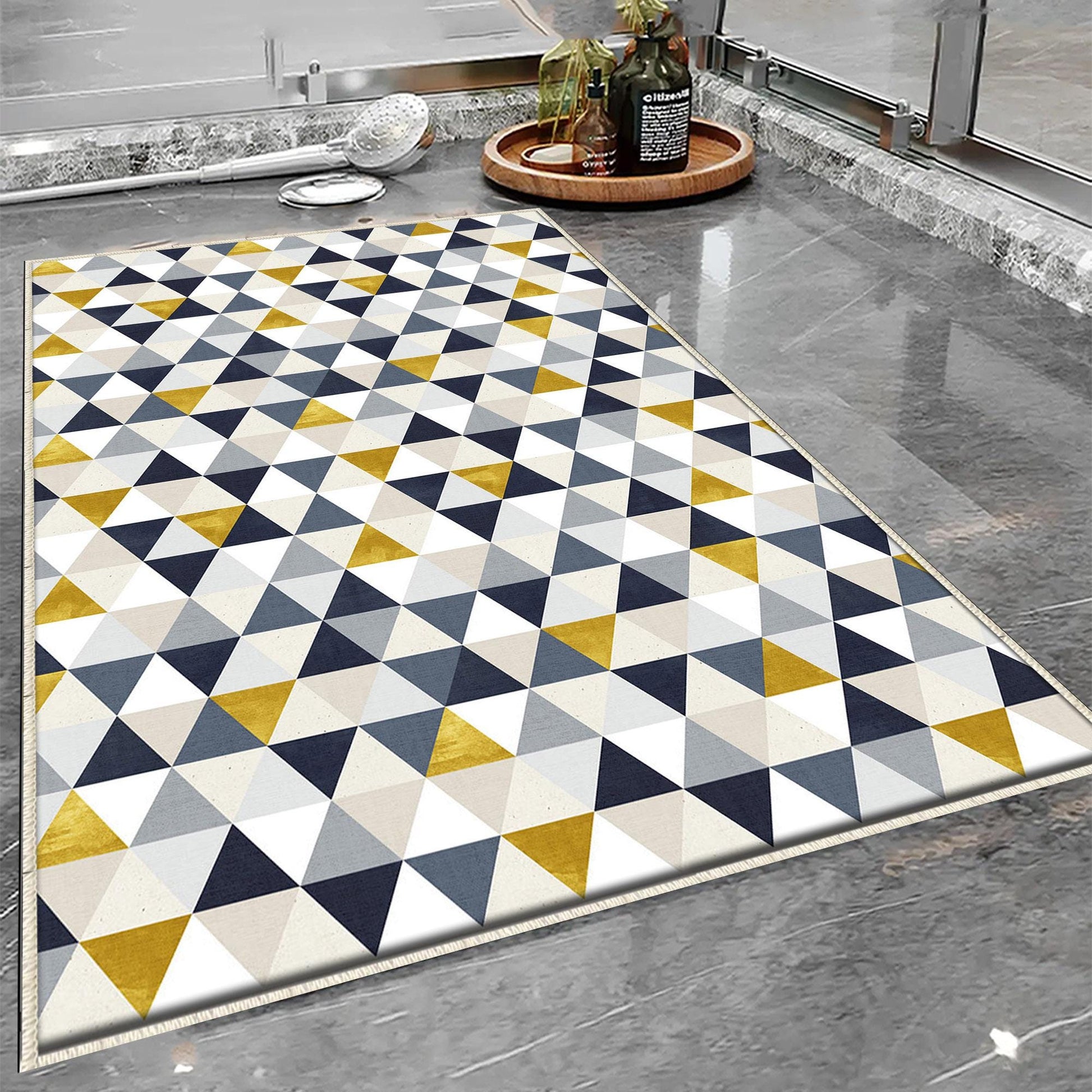 Yellow Gray Navu Blue Triangles Bathroom Rug Non Slip Quick Dry Bath Mat - Geometric Toilet Mat, Soft Washable Modern Decor