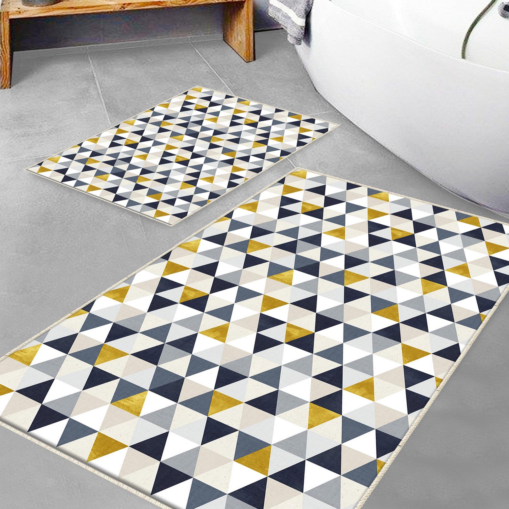 Yellow Gray Navu Blue Triangles Bathroom Rug Non Slip Quick Dry Bath Mat - Geometric Toilet Mat, Soft Washable Modern Decor