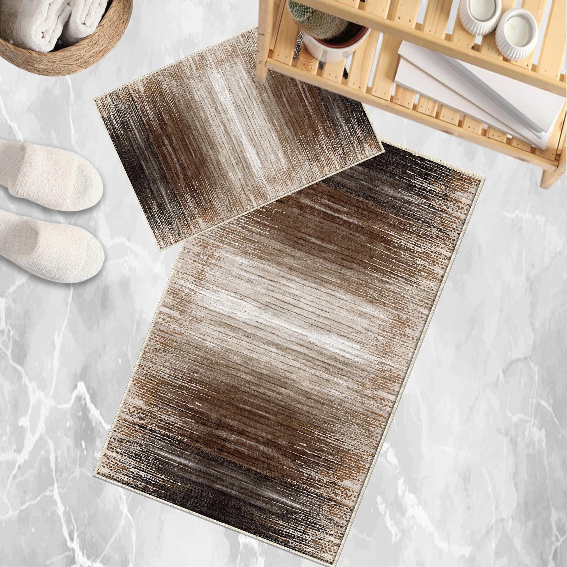 Brown Abstract Lines Bathroom Rug Non Slip Quick Dry Bath Mat - Geometric Toilet Mat, Soft Washable Modern Decor