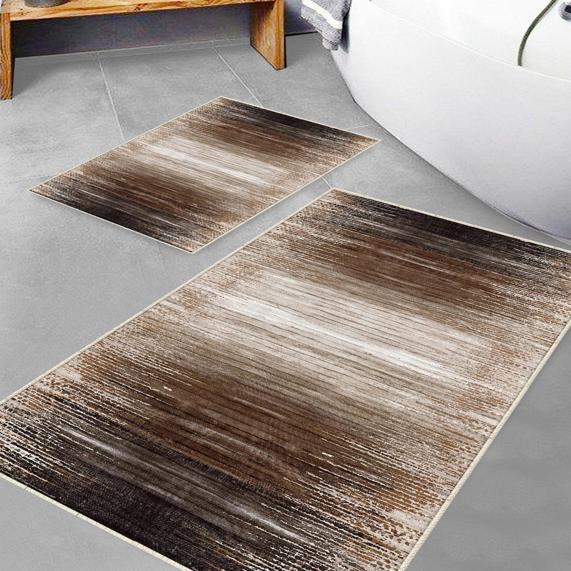 Brown Abstract Lines Bathroom Rug Non Slip Quick Dry Bath Mat - Geometric Toilet Mat, Soft Washable Modern Decor