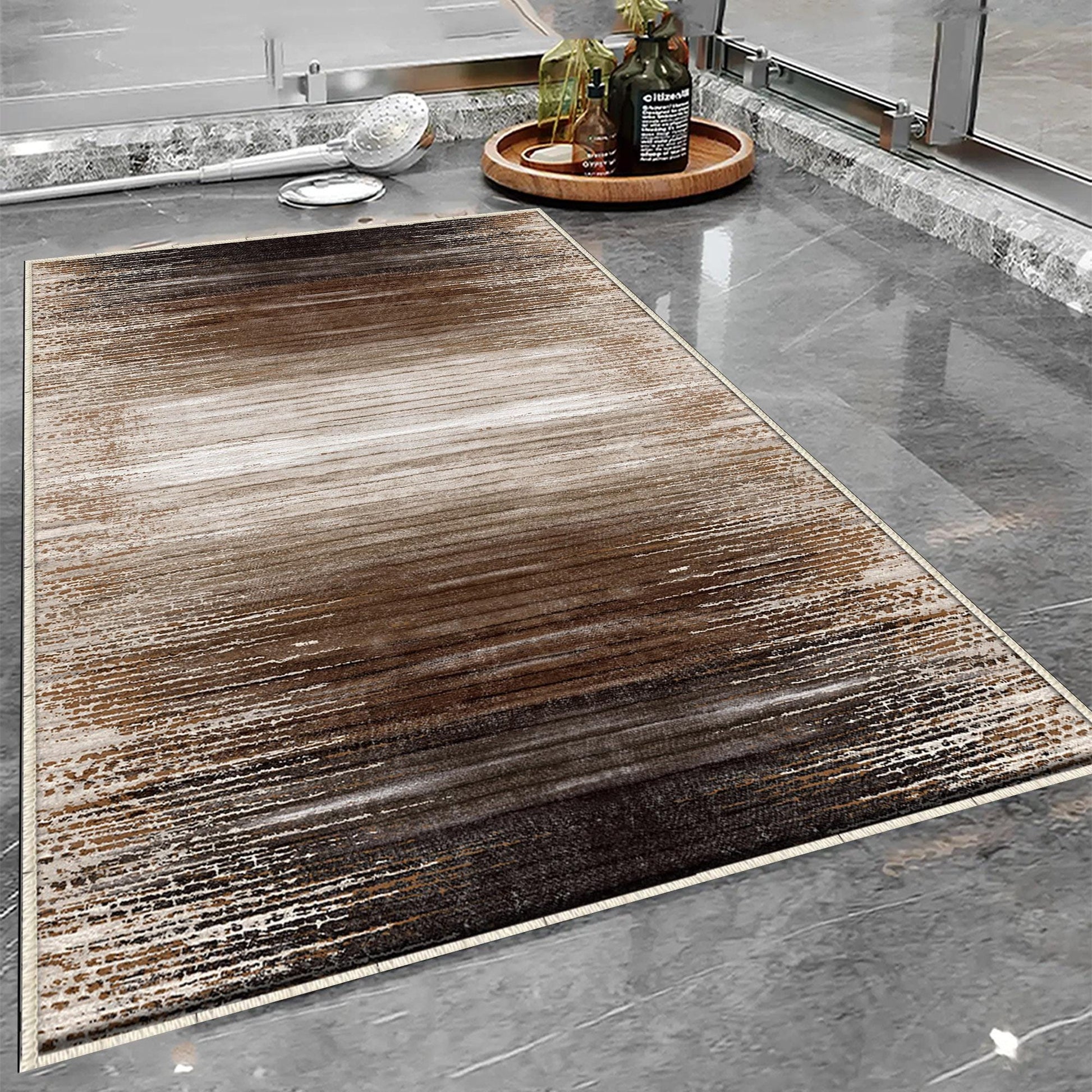 Brown Abstract Lines Bathroom Rug Non Slip Quick Dry Bath Mat - Geometric Toilet Mat, Soft Washable Modern Decor
