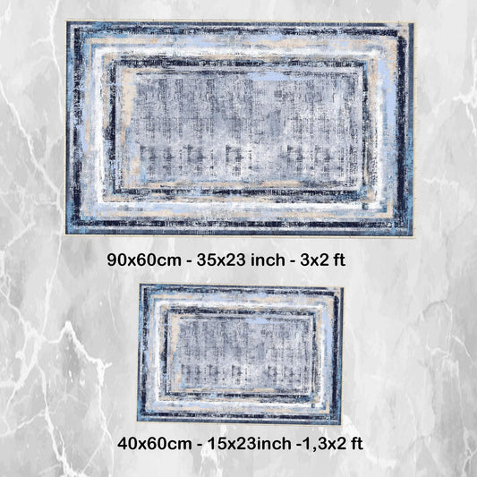 Blue White Retro Antiquing Border Line Bathroom Rug, Geometic Non Slip Quick Dry Bath Mat - Geometric Toilet Mat, Soft Washable Modern Decor