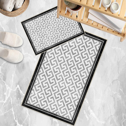 Black Border Gray Greek Key Bathroom Rug, Geometic Non Slip Quick Dry Bath Mat - Geometric Toilet Mat, Soft Washable Modern Decor