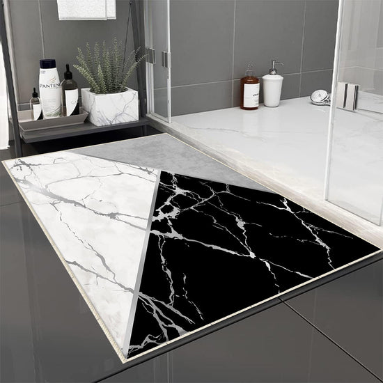 Black Gray White Marble Pattern Bathroom Rug, Geometic Non Slip Quick Dry Bath Mat - Geometric Toilet Mat, Soft Washable Modern Decor