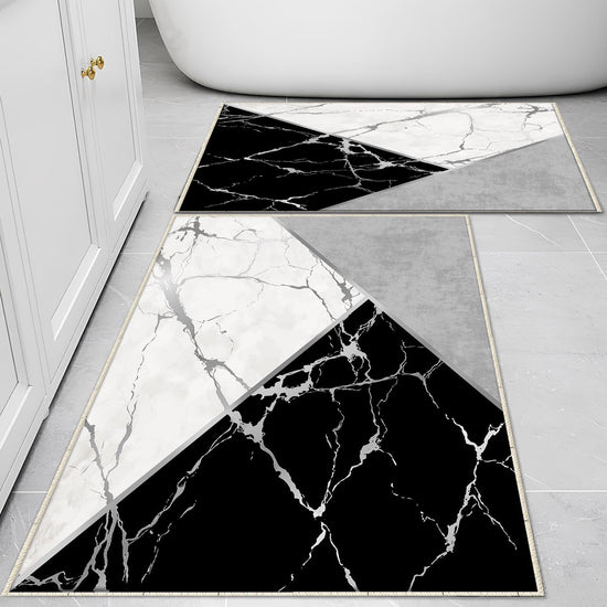 Black Gray White Marble Pattern Bathroom Rug, Geometic Non Slip Quick Dry Bath Mat - Geometric Toilet Mat, Soft Washable Modern Decor