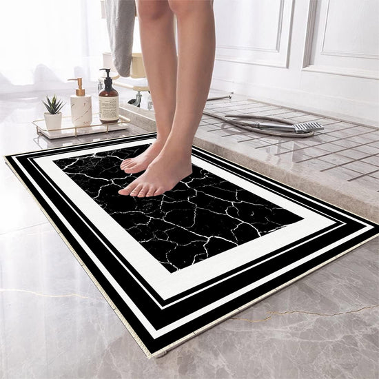 Black White Marble Border Pattern Bathroom Rug, Geometic Non Slip Quick Dry Bath Mat - Geometric Toilet Mat, Soft Washable Modern Decor