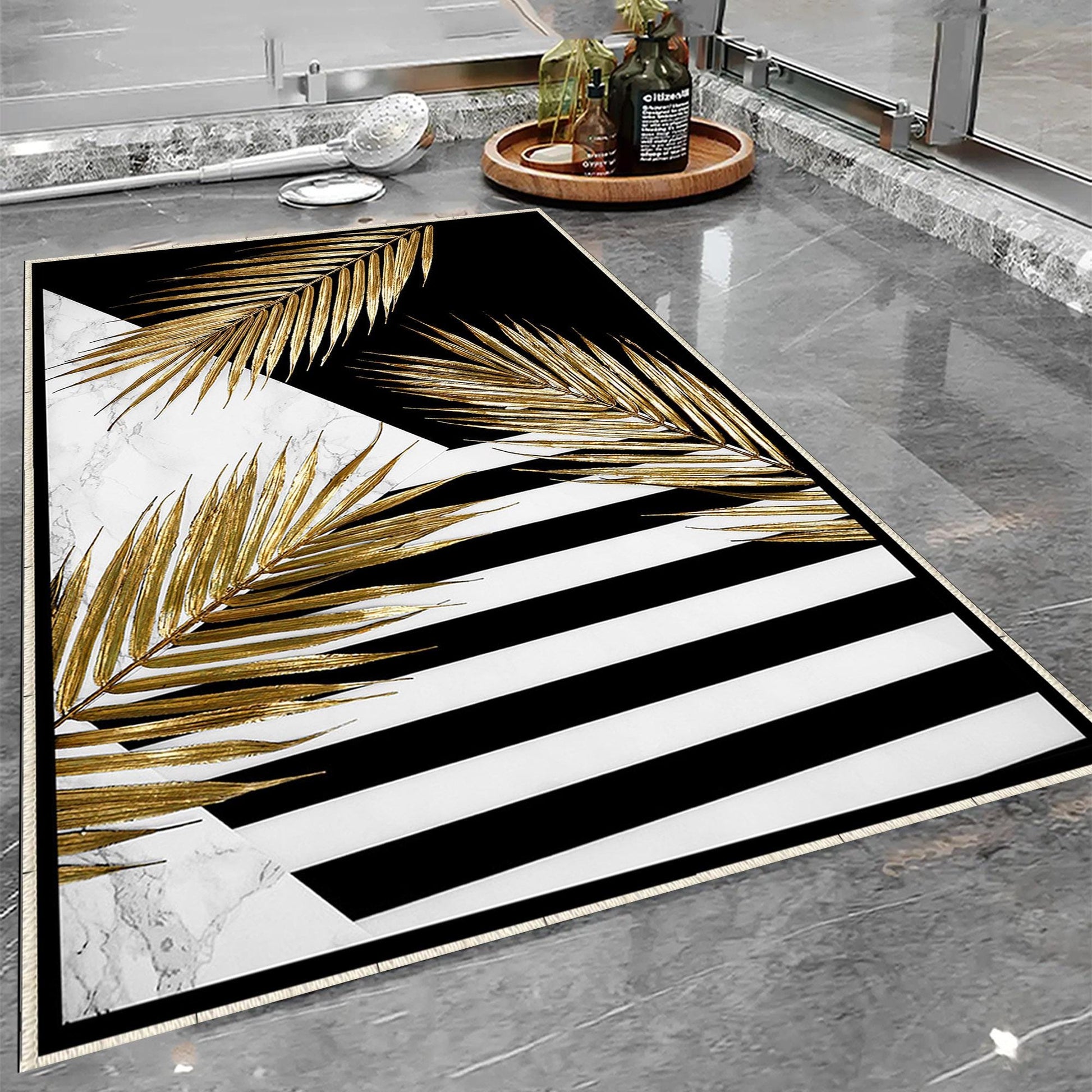 Golden Floral Black White Bathroom Rug, Geometic Non Slip Quick Dry Bath Mat - Geometric Toilet Mat, Soft Washable Modern Decor