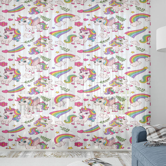 Sheer Unicorn Curtain for Girls Kids Room - Colorful Rainbow Floral Nursery Net Voile, Lightweight Machine Washable - Matching Accessories