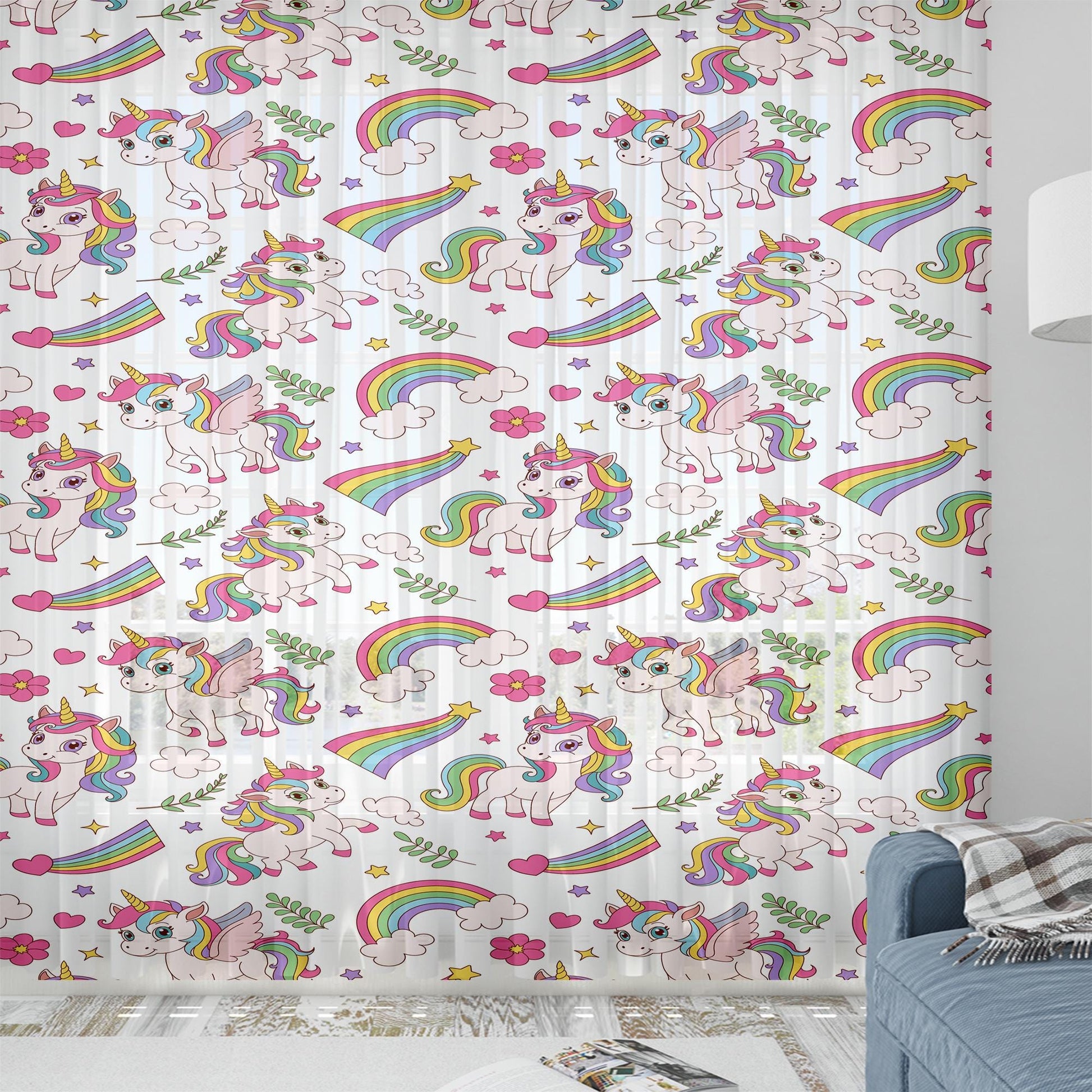 Sheer Unicorn Curtain for Girls Kids Room - Colorful Rainbow Floral Nursery Net Voile, Lightweight Machine Washable - Matching Accessories