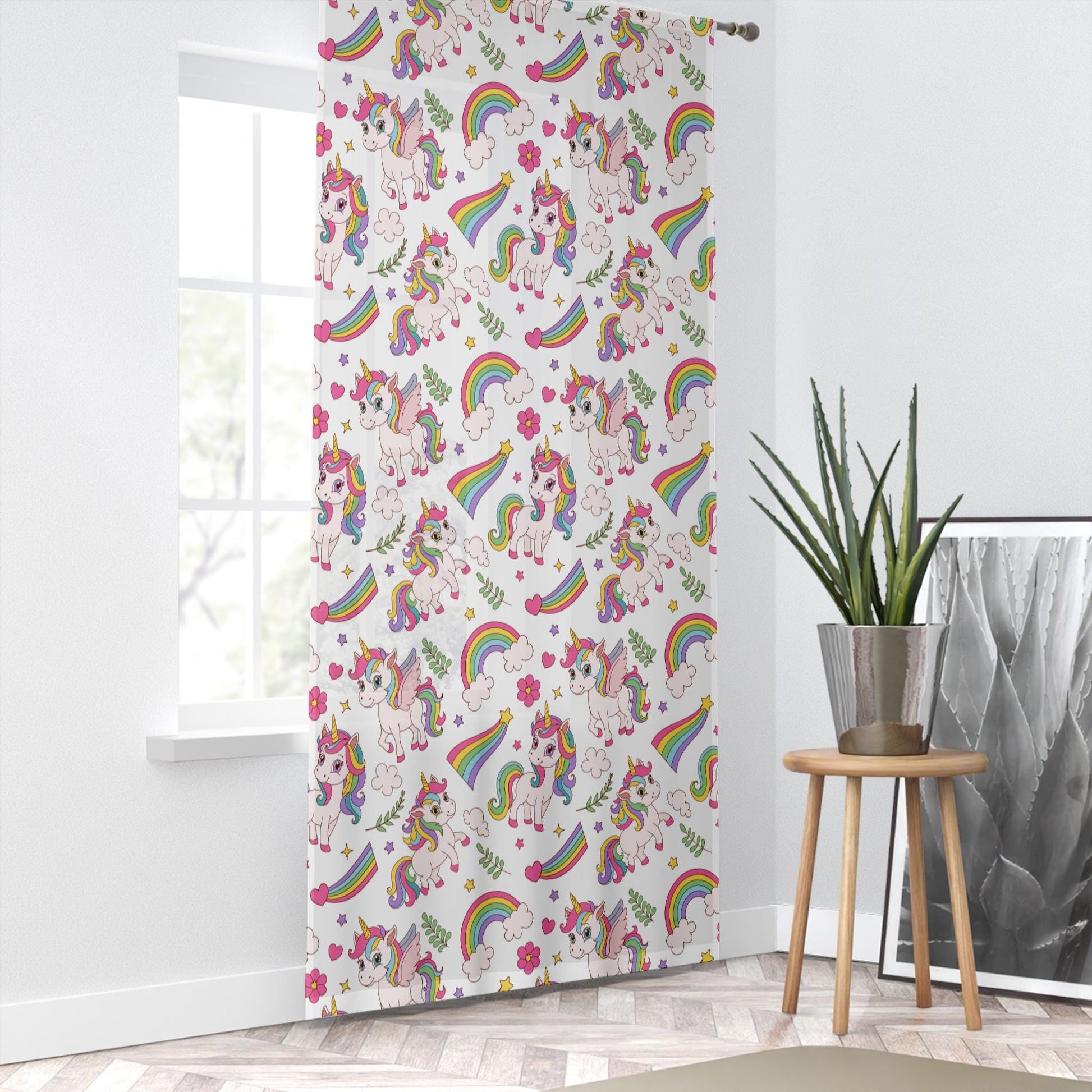 Sheer Unicorn Curtain for Girls Kids Room - Colorful Rainbow Floral Nursery Net Voile, Lightweight Machine Washable - Matching Accessories