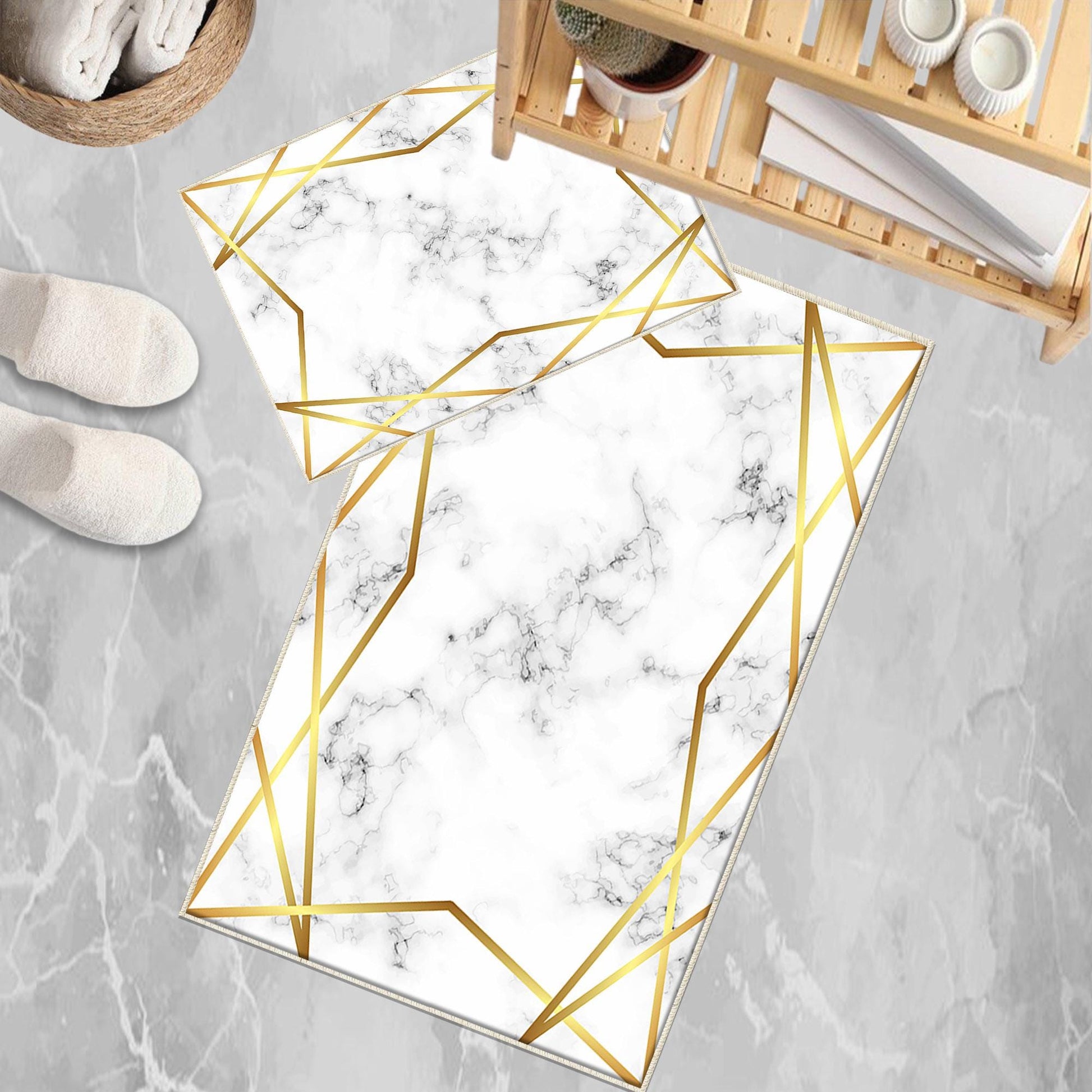 Golden Lines Marble Bathroom Rug Non Slip Quick Dry Bath Mat Geometric Washable Soft Modern Toilet Mat with Border Lines
