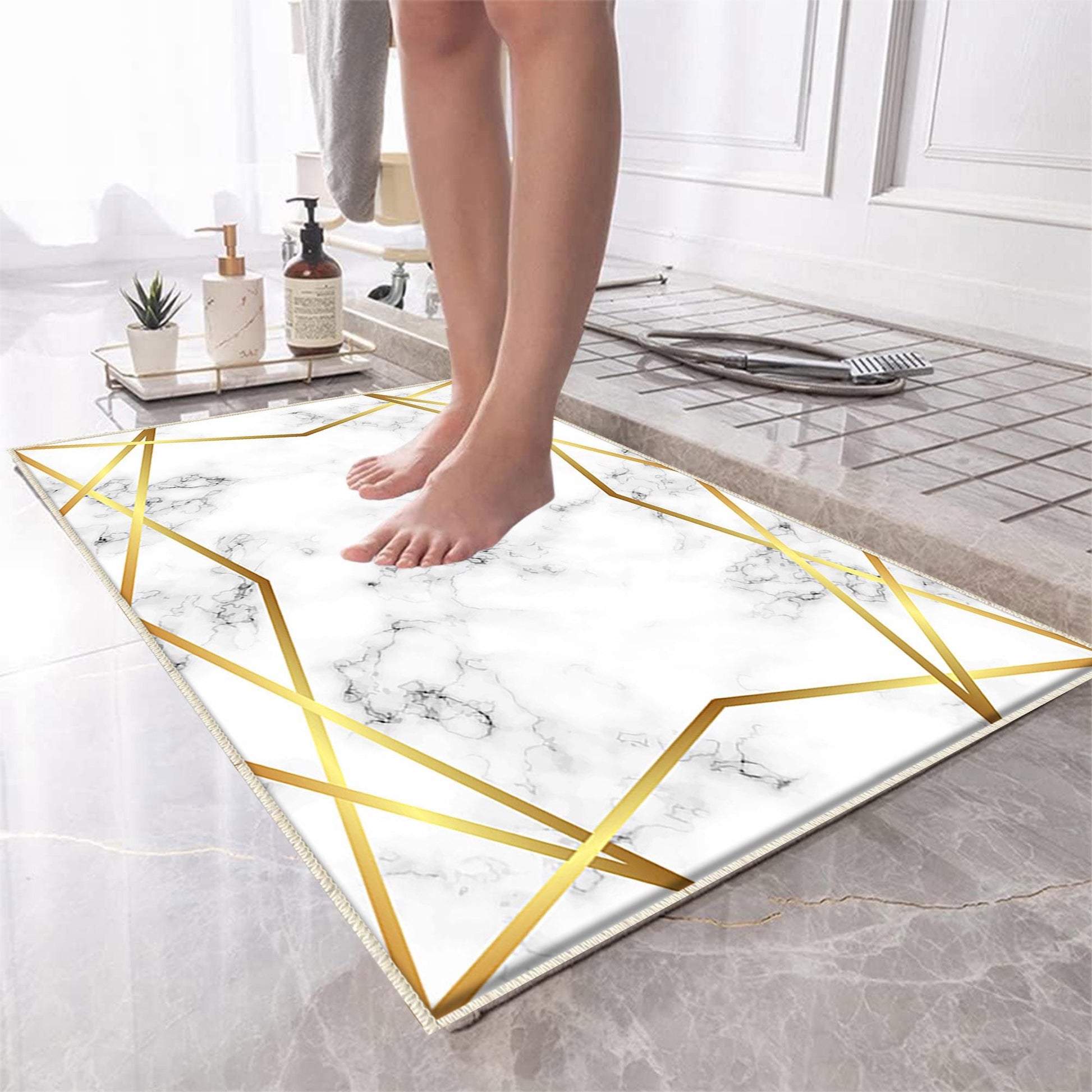 Golden Lines Marble Bathroom Rug Non Slip Quick Dry Bath Mat Geometric Washable Soft Modern Toilet Mat with Border Lines