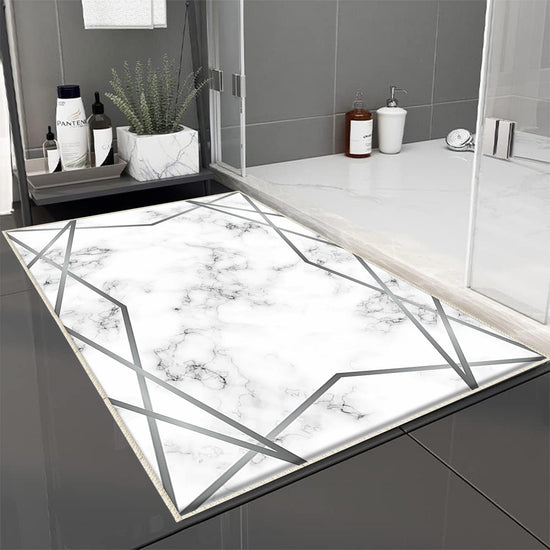 Gray White Silver Lines Marble Bathroom Rug Non Slip Quick Dry Bath Mat Geometric Washable Soft Modern Toilet Mat with Border Lines
