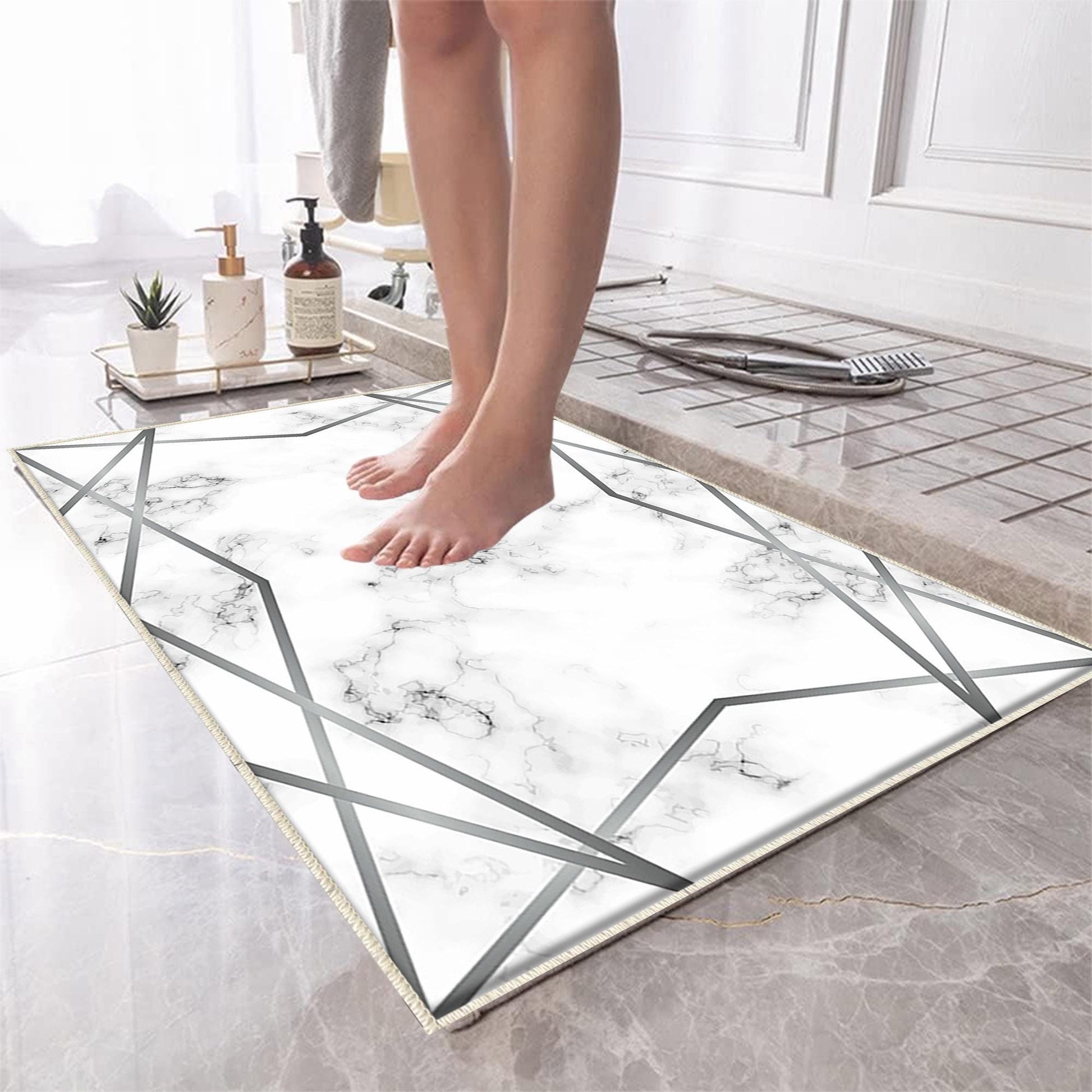Gray White Silver Lines Marble Bathroom Rug Non Slip Quick Dry Bath Mat Geometric Washable Soft Modern Toilet Mat with Border Lines