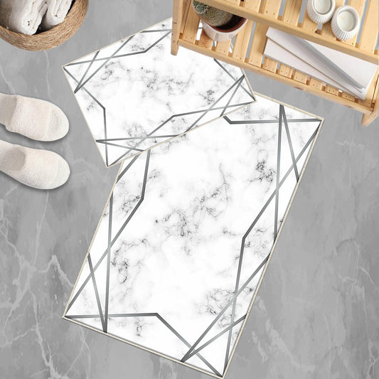 Gray White Silver Lines Marble Bathroom Rug Non Slip Quick Dry Bath Mat Geometric Washable Soft Modern Toilet Mat with Border Lines