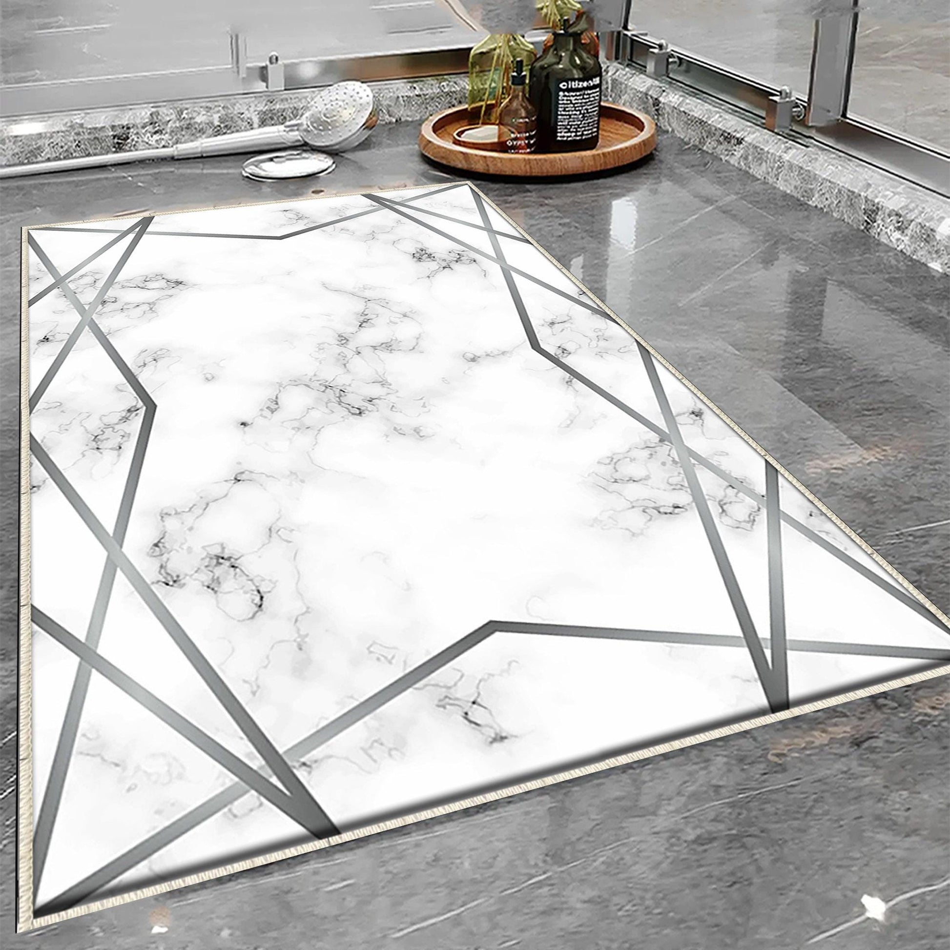 Gray White Silver Lines Marble Bathroom Rug Non Slip Quick Dry Bath Mat Geometric Washable Soft Modern Toilet Mat with Border Lines