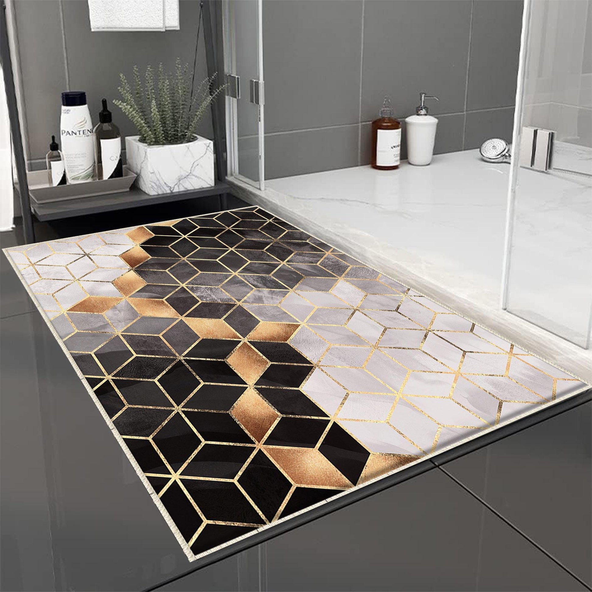 Golden Black Gray Cubes Marble Bathroom Rug Non Slip Quick Dry Bath Mat Geometric Washable Soft Modern Toilet Mat