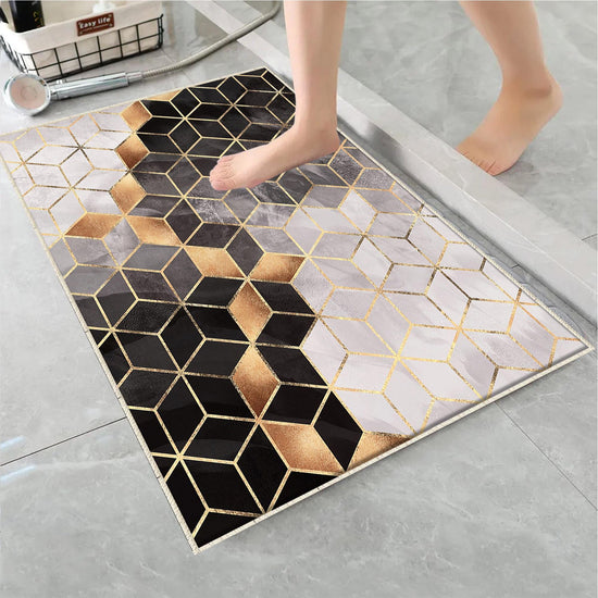Golden Black Gray Cubes Marble Bathroom Rug Non Slip Quick Dry Bath Mat Geometric Washable Soft Modern Toilet Mat