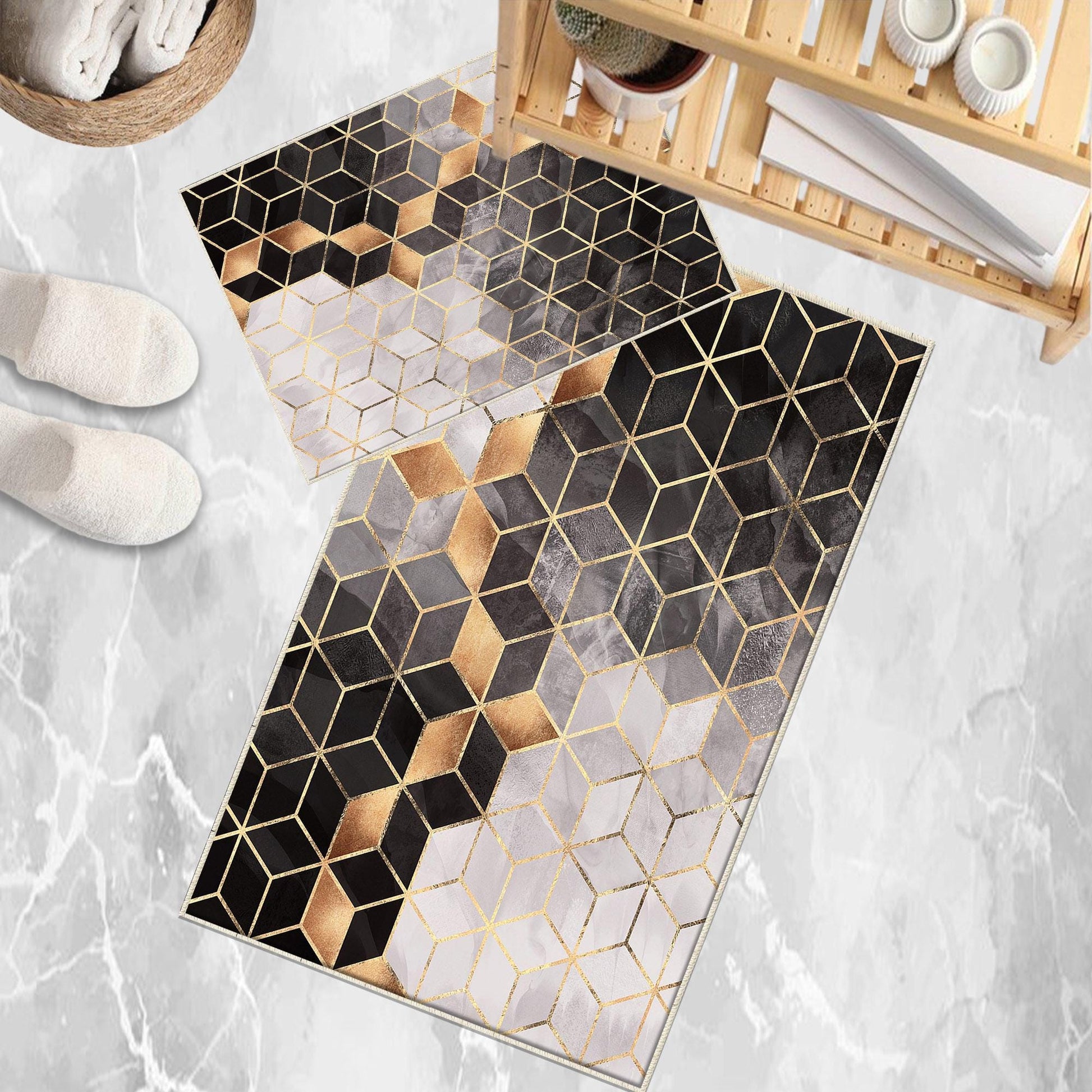 Golden Black Gray Cubes Marble Bathroom Rug Non Slip Quick Dry Bath Mat Geometric Washable Soft Modern Toilet Mat