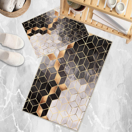 Golden Black Gray Cubes Marble Bathroom Rug Non Slip Quick Dry Bath Mat Geometric Washable Soft Modern Toilet Mat