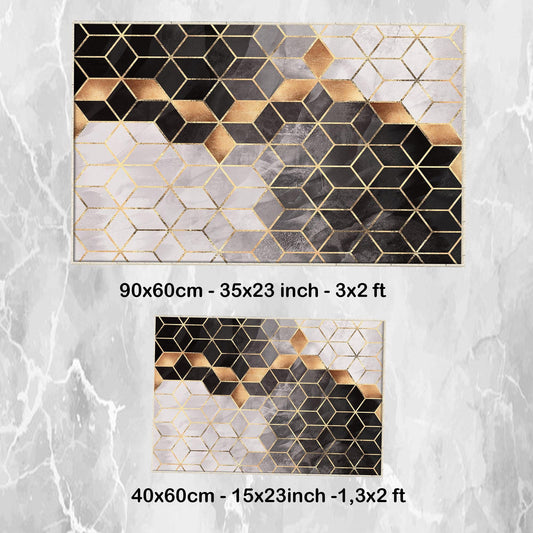Golden Black Gray Cubes Marble Bathroom Rug Non Slip Quick Dry Bath Mat Geometric Washable Soft Modern Toilet Mat