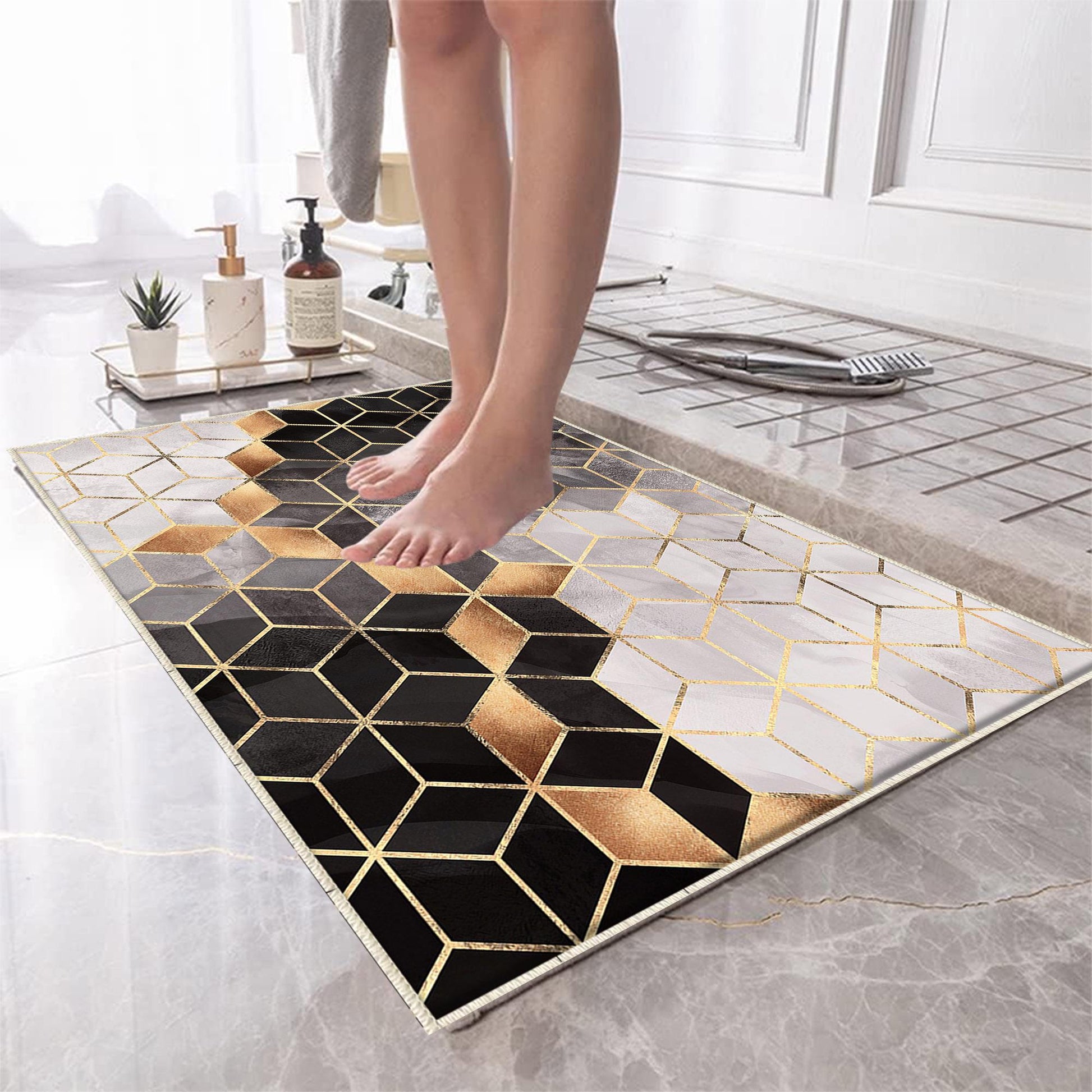 Golden Black Gray Cubes Marble Bathroom Rug Non Slip Quick Dry Bath Mat Geometric Washable Soft Modern Toilet Mat