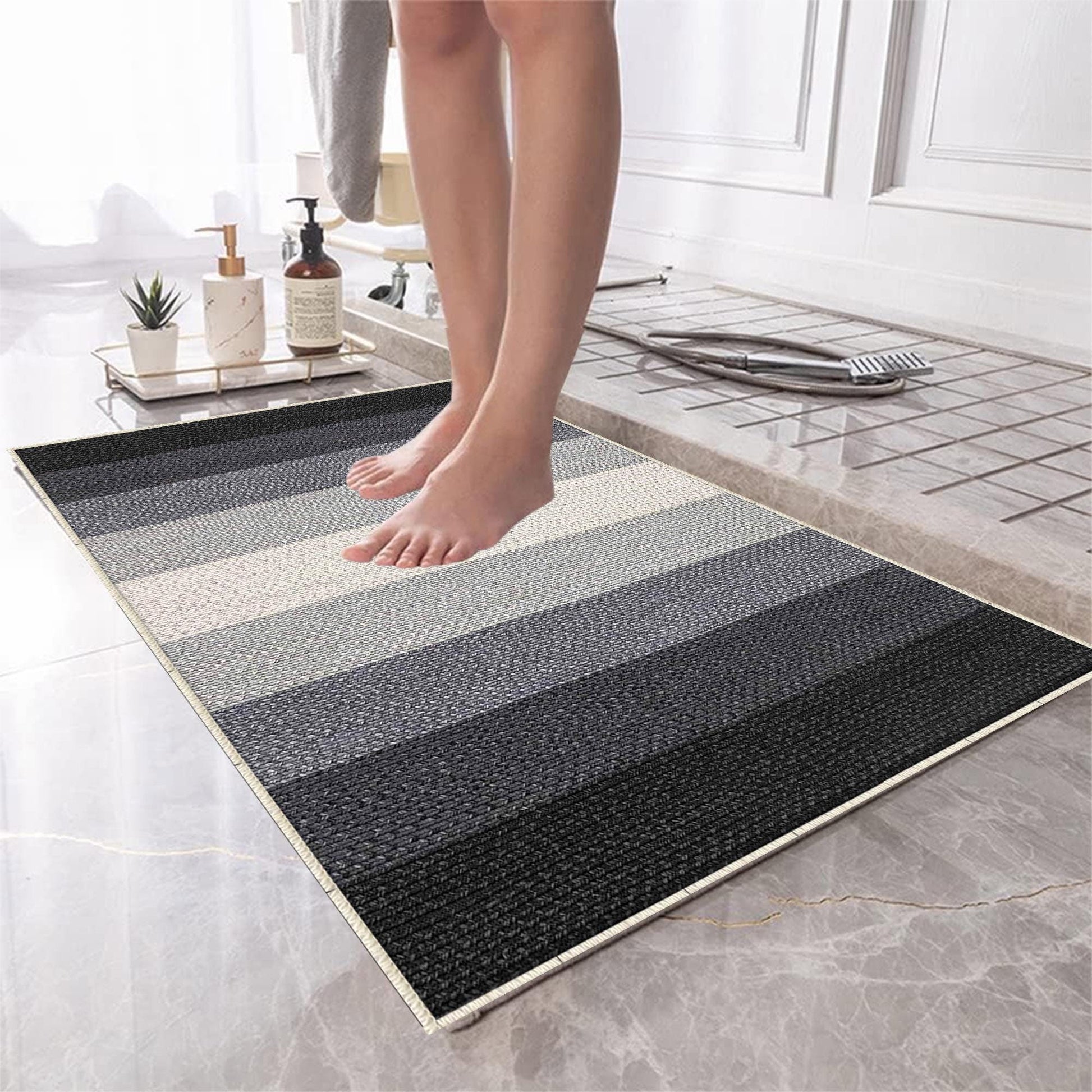 Gray Cream Black Border Bathroom Rug Non Slip Quick Dry Bath Mat Geometric Washable Soft Modern Toilet Mat
