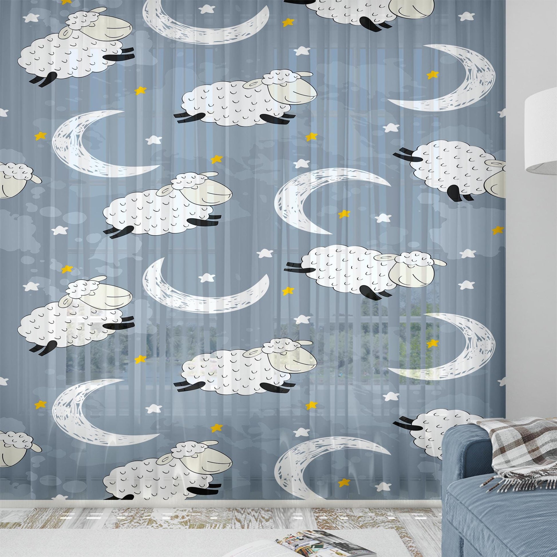 Sheer Moon Star Curtain for Kids Room – Gray White Sheep Nursery Net Voile, Lightweight & Machine Washable with Matching Accessories
