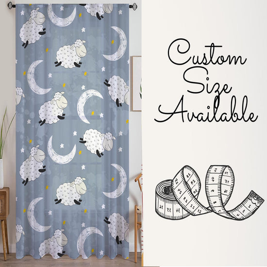 Sheer Moon Star Curtain for Kids Room – Gray White Sheep Nursery Net Voile, Lightweight & Machine Washable with Matching Accessories