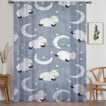 Sheer Moon Star Curtain for Kids Room – Gray White Sheep Nursery Net Voile, Lightweight & Machine Washable with Matching Accessories