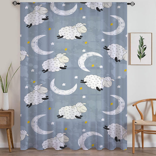 Sheer Moon Star Curtain for Kids Room – Gray White Sheep Nursery Net Voile, Lightweight & Machine Washable with Matching Accessories