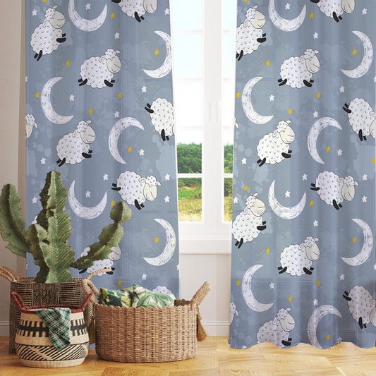 Sheer Moon Star Curtain for Kids Room – Gray White Sheep Nursery Net Voile, Lightweight & Machine Washable with Matching Accessories