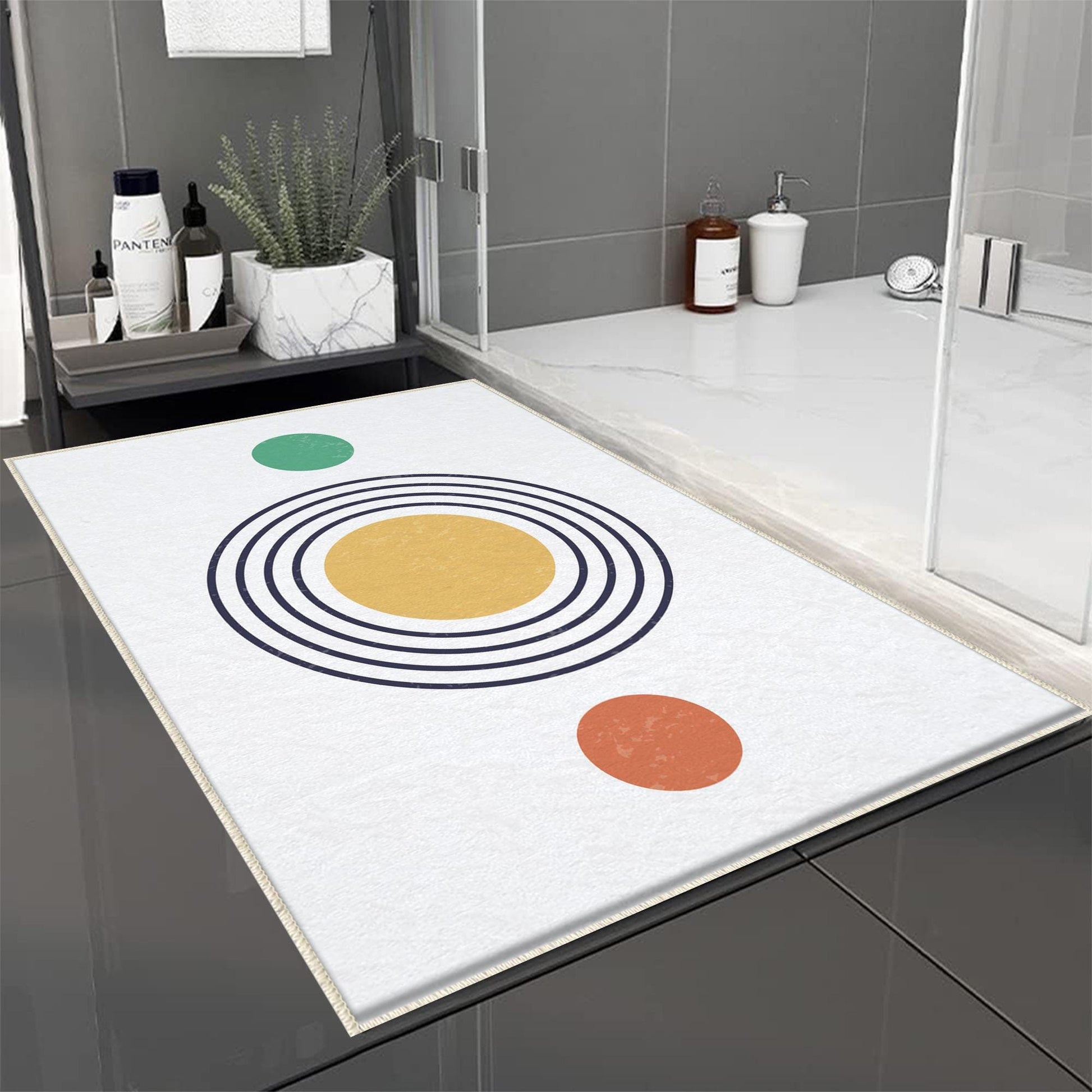 Orange Yellow Black Geometric Minimal Bathroom Rug, Non Slip Quick Dry Bath Mat, Washable Soft Modern Toilet Mat