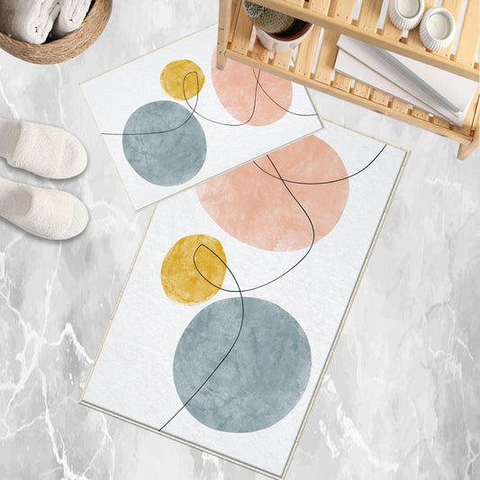 Pink Blue Yellow Black Lines Geometric Minimal Bathroom Rug, Non Slip Quick Dry Bath Mat, Washable Soft Modern Toilet Mat
