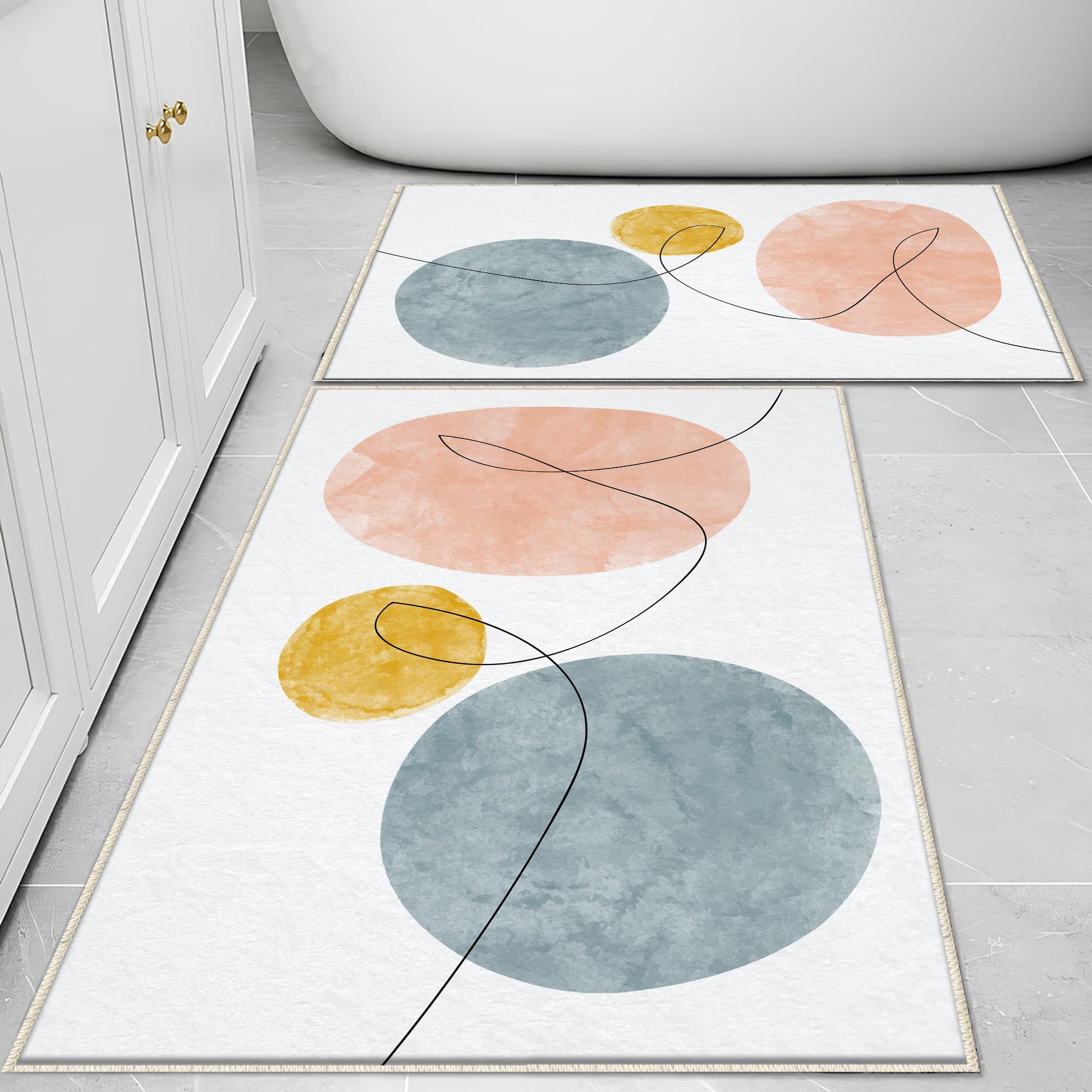 Pink Blue Yellow Black Lines Geometric Minimal Bathroom Rug, Non Slip Quick Dry Bath Mat, Washable Soft Modern Toilet Mat