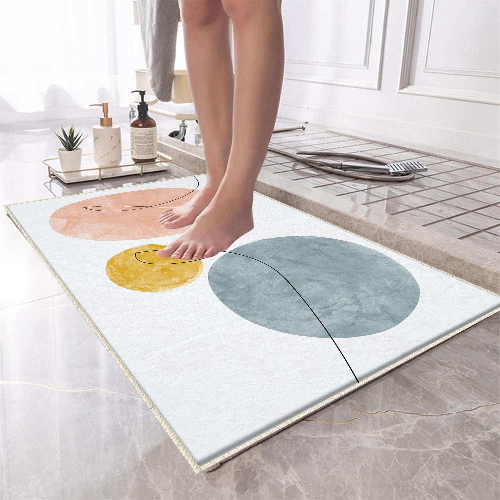 Pink Blue Yellow Black Lines Geometric Minimal Bathroom Rug, Non Slip Quick Dry Bath Mat, Washable Soft Modern Toilet Mat