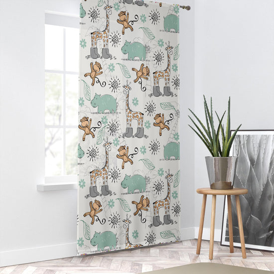 Sheer Woodland Animal Curtain for Kids Room – Monkey Giraffe Hippo Nursery Net Voile, Lightweight & Machine Washable - Matching Accessories