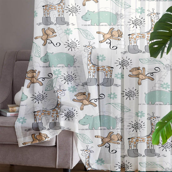 Sheer Woodland Animal Curtain for Kids Room – Monkey Giraffe Hippo Nursery Net Voile, Lightweight & Machine Washable - Matching Accessories