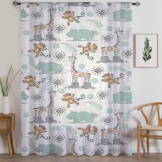 Sheer Woodland Animal Curtain for Kids Room – Monkey Giraffe Hippo Nursery Net Voile, Lightweight & Machine Washable - Matching Accessories