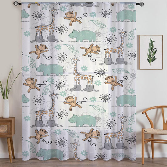 Sheer Woodland Animal Curtain for Kids Room – Monkey Giraffe Hippo Nursery Net Voile, Lightweight & Machine Washable - Matching Accessories