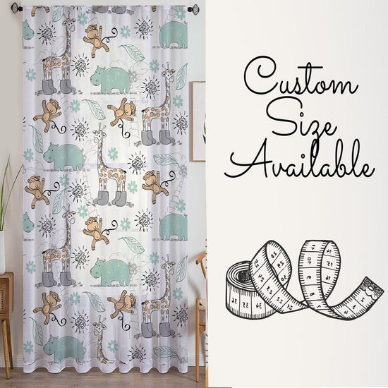 Sheer Woodland Animal Curtain for Kids Room – Monkey Giraffe Hippo Nursery Net Voile, Lightweight & Machine Washable - Matching Accessories