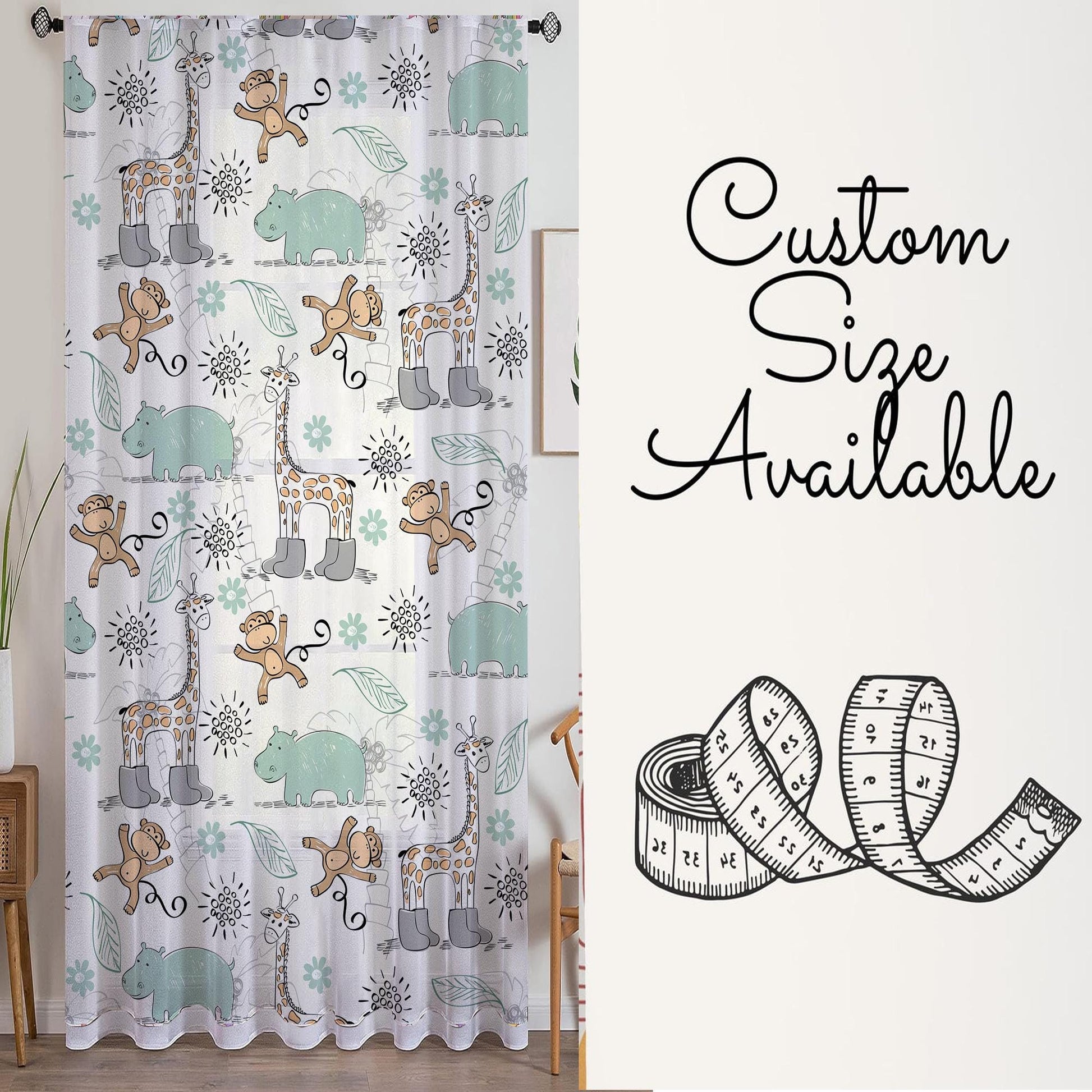 Sheer Woodland Animal Curtain for Kids Room – Monkey Giraffe Hippo Nursery Net Voile, Lightweight & Machine Washable - Matching Accessories