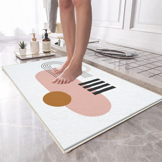 Pink Orange Black Minimal Geometric Bathroom Rug, Non Slip Quick Dry Bath Mat, Washable Soft Modern Toilet Mat
