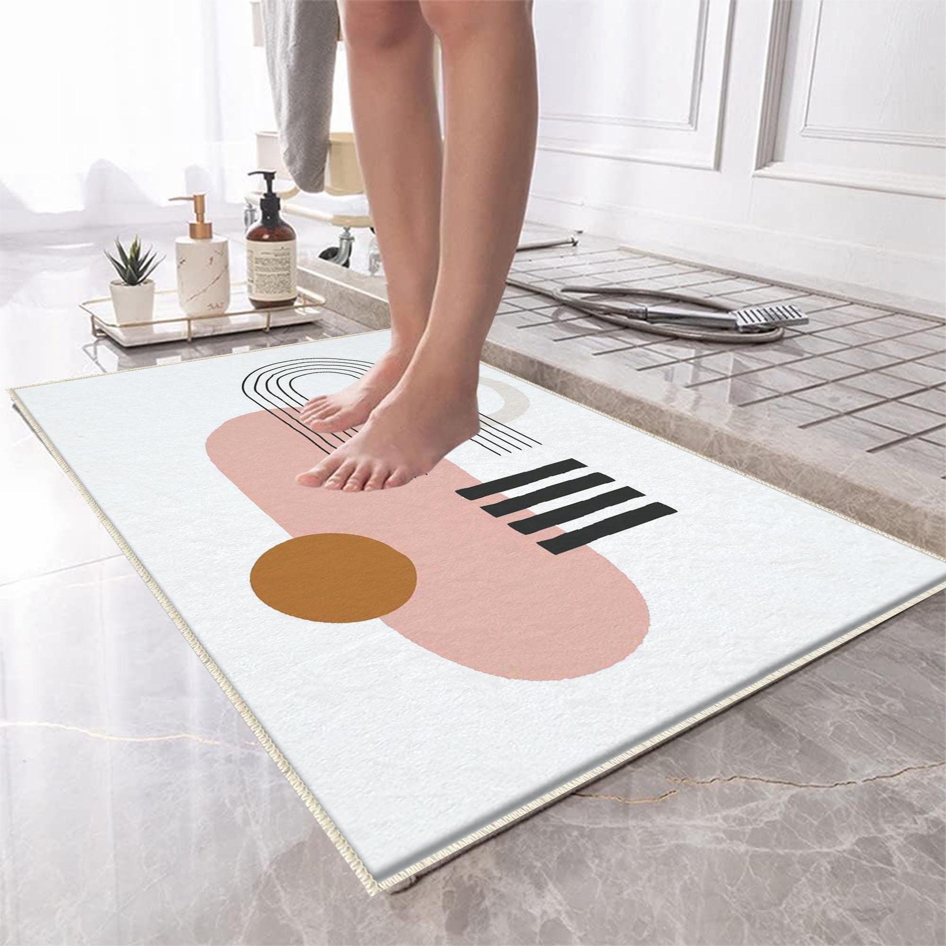 Pink Orange Black Minimal Geometric Bathroom Rug, Non Slip Quick Dry Bath Mat, Washable Soft Modern Toilet Mat