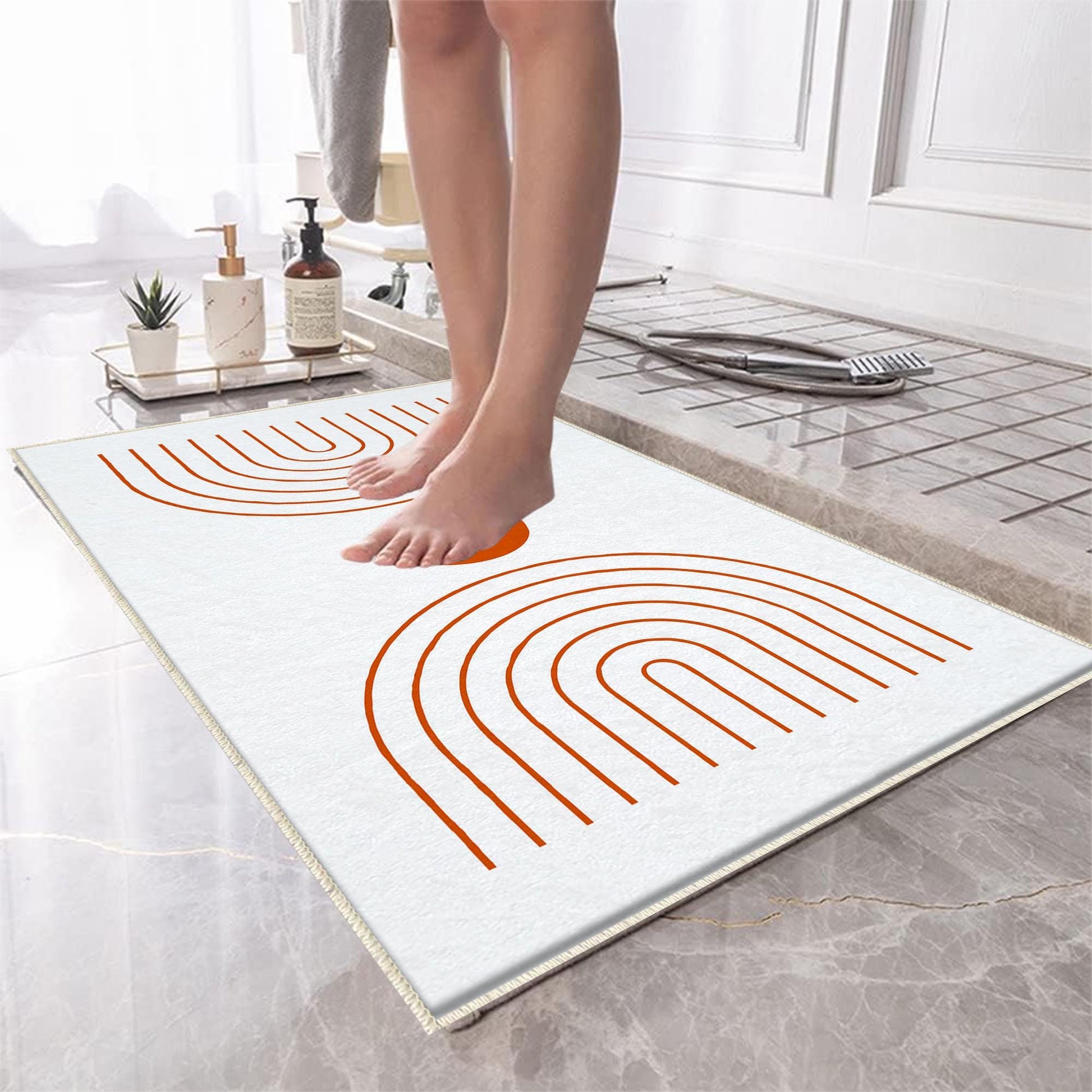White Orange Minimal Geometric Bathroom Rug, Non Slip Quick Dry Bath Mat, Washable Soft Modern Toilet Mat