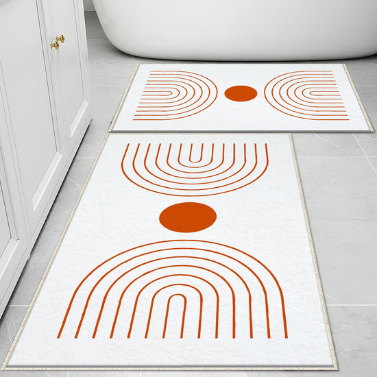 White Orange Minimal Geometric Bathroom Rug, Non Slip Quick Dry Bath Mat, Washable Soft Modern Toilet Mat