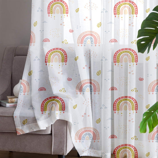 Sheer Cute Rainbow Curtain for Girls Kids Room – Bohemian Nursery Net Voile, Lightweight & Machine Washable - Matching Accessories