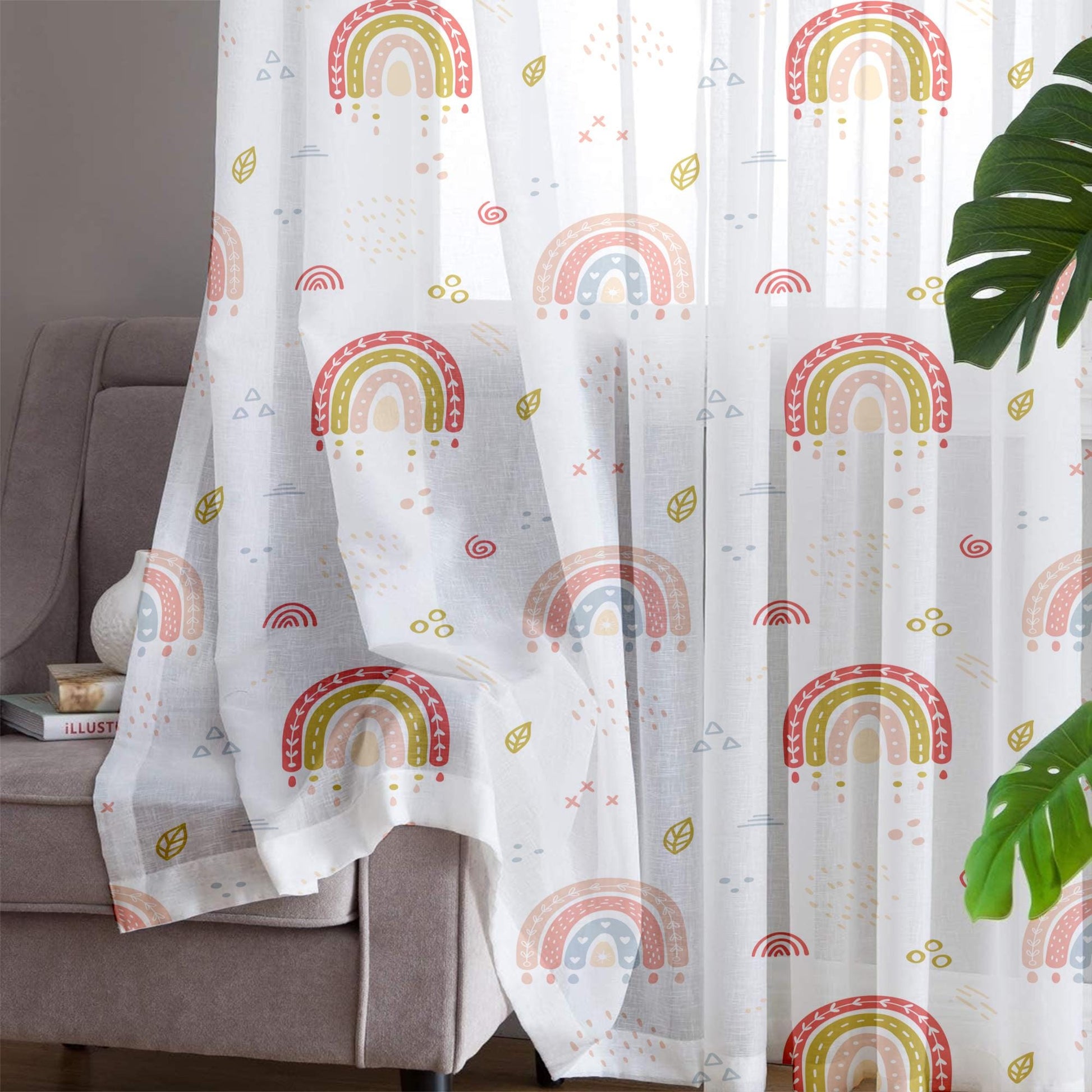 Sheer Cute Rainbow Curtain for Girls Kids Room – Bohemian Nursery Net Voile, Lightweight & Machine Washable - Matching Accessories