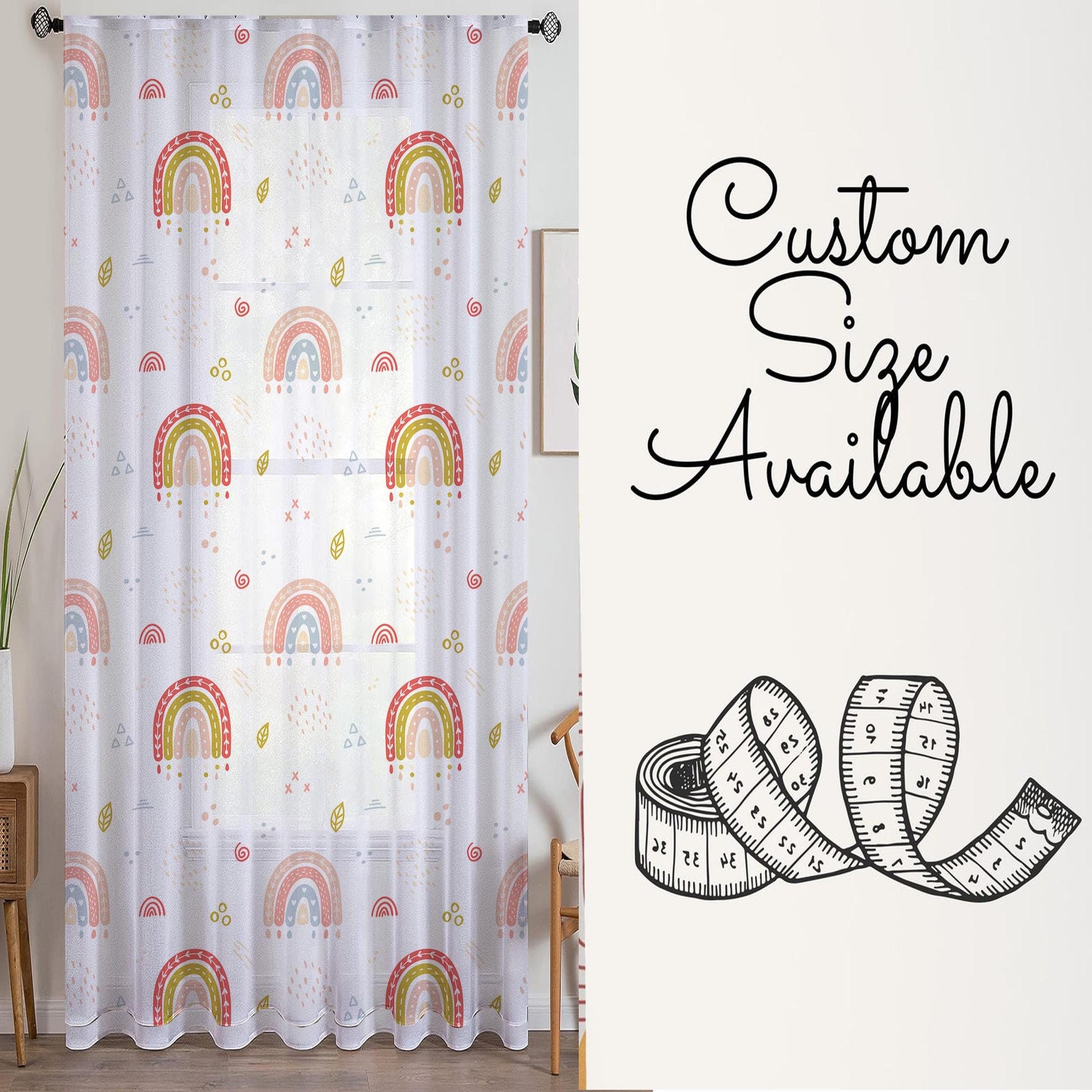 Sheer Cute Rainbow Curtain for Girls Kids Room – Bohemian Nursery Net Voile, Lightweight & Machine Washable - Matching Accessories